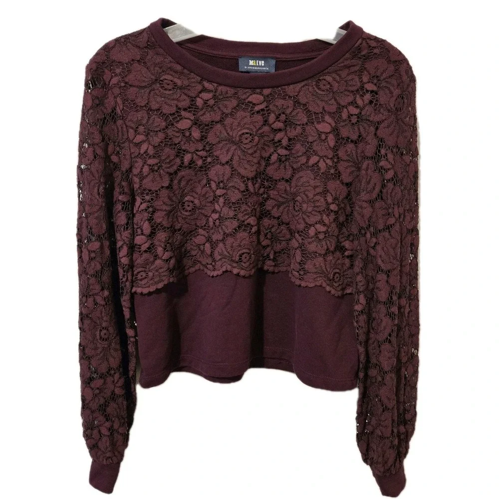 Maeve By Anthropologie Purple Lace Overlay Crop Sweatshirt  Size Small